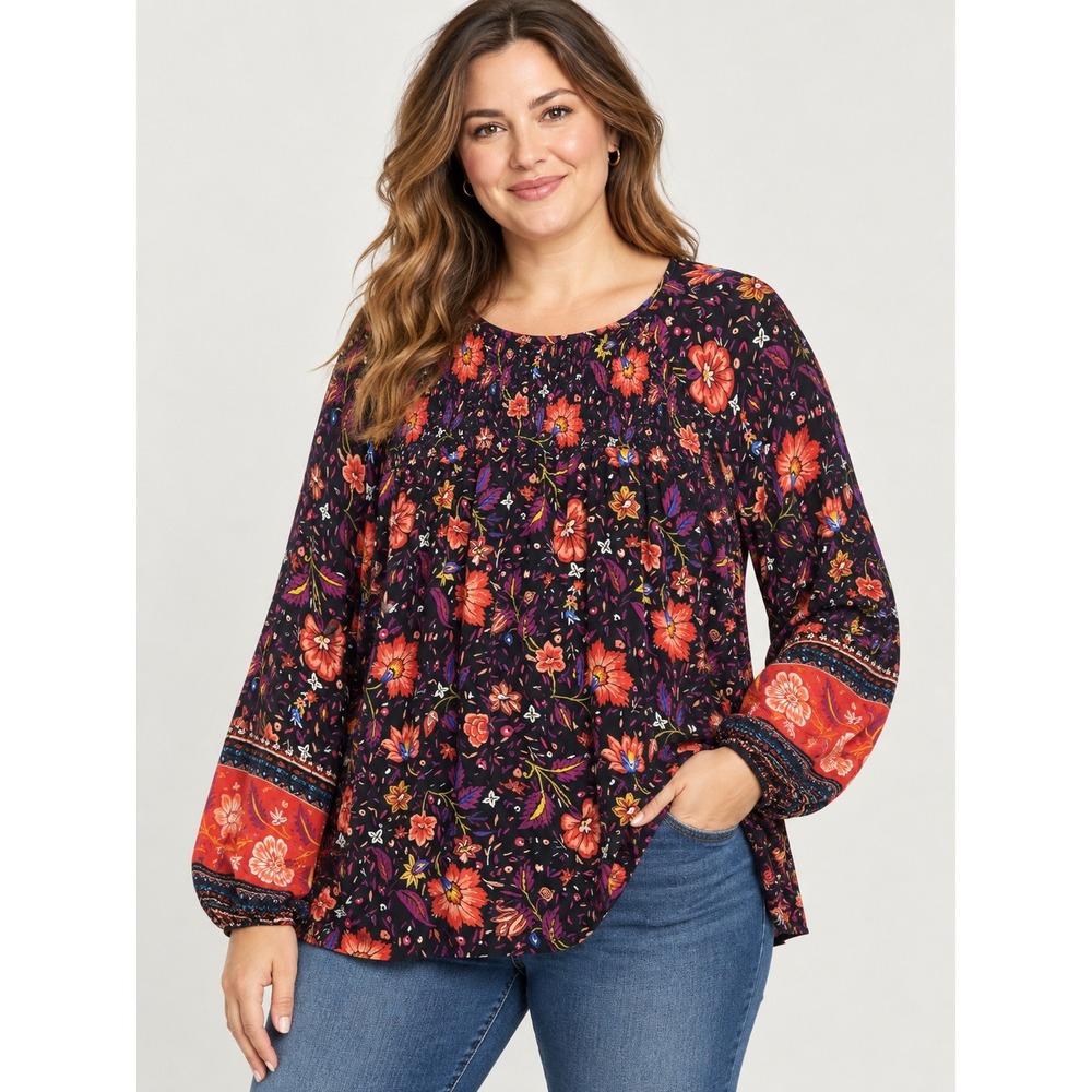 Old Navy Smocked Blouse Women XL Black Floral Boho Long Sleeve Top